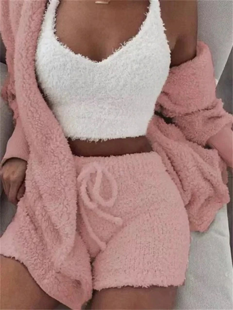 Autumn Winter 3 Piece Fluffy Outfits Plush Sexy Backless Fleece Pyjamas Women Casual Sports Sweatshirt Home Wear Sets Tracksuit