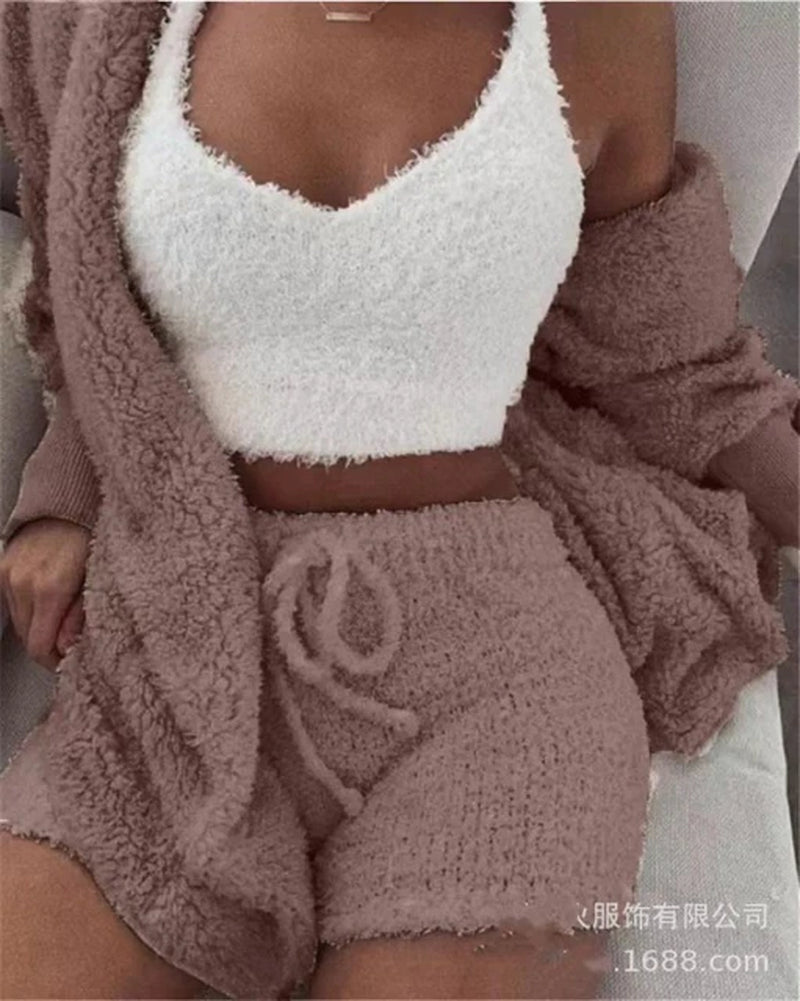 Autumn Winter 3 Piece Fluffy Outfits Plush Sexy Backless Fleece Pyjamas Women Casual Sports Sweatshirt Home Wear Sets Tracksuit