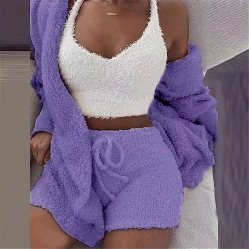 Autumn Winter 3 Piece Fluffy Outfits Plush Sexy Backless Fleece Pyjamas Women Casual Sports Sweatshirt Home Wear Sets Tracksuit