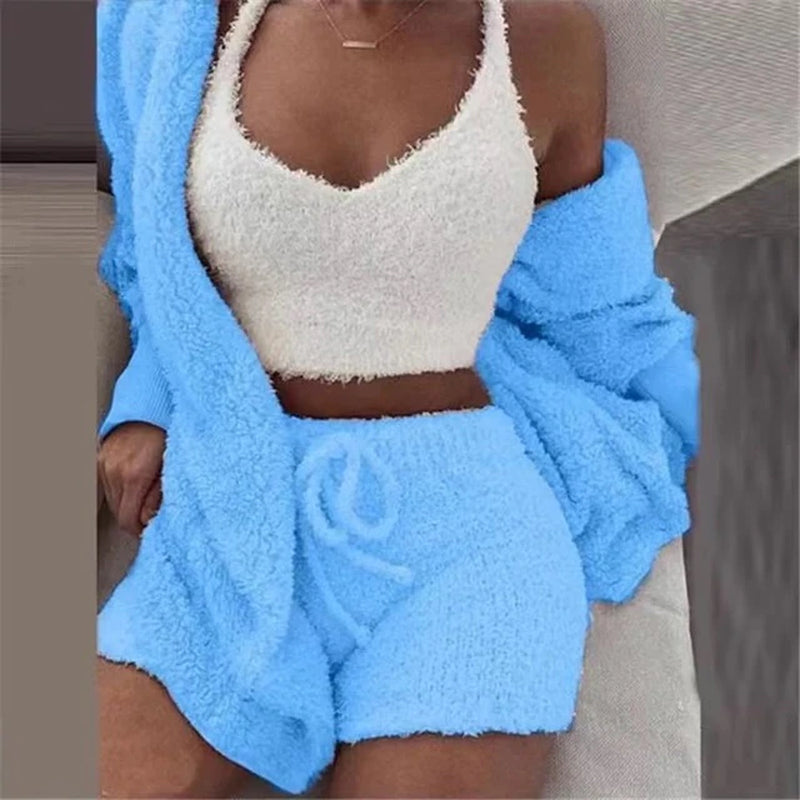 Autumn Winter 3 Piece Fluffy Outfits Plush Sexy Backless Fleece Pyjamas Women Casual Sports Sweatshirt Home Wear Sets Tracksuit