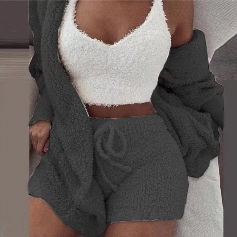 Autumn Winter 3 Piece Fluffy Outfits Plush Sexy Backless Fleece Pyjamas Women Casual Sports Sweatshirt Home Wear Sets Tracksuit