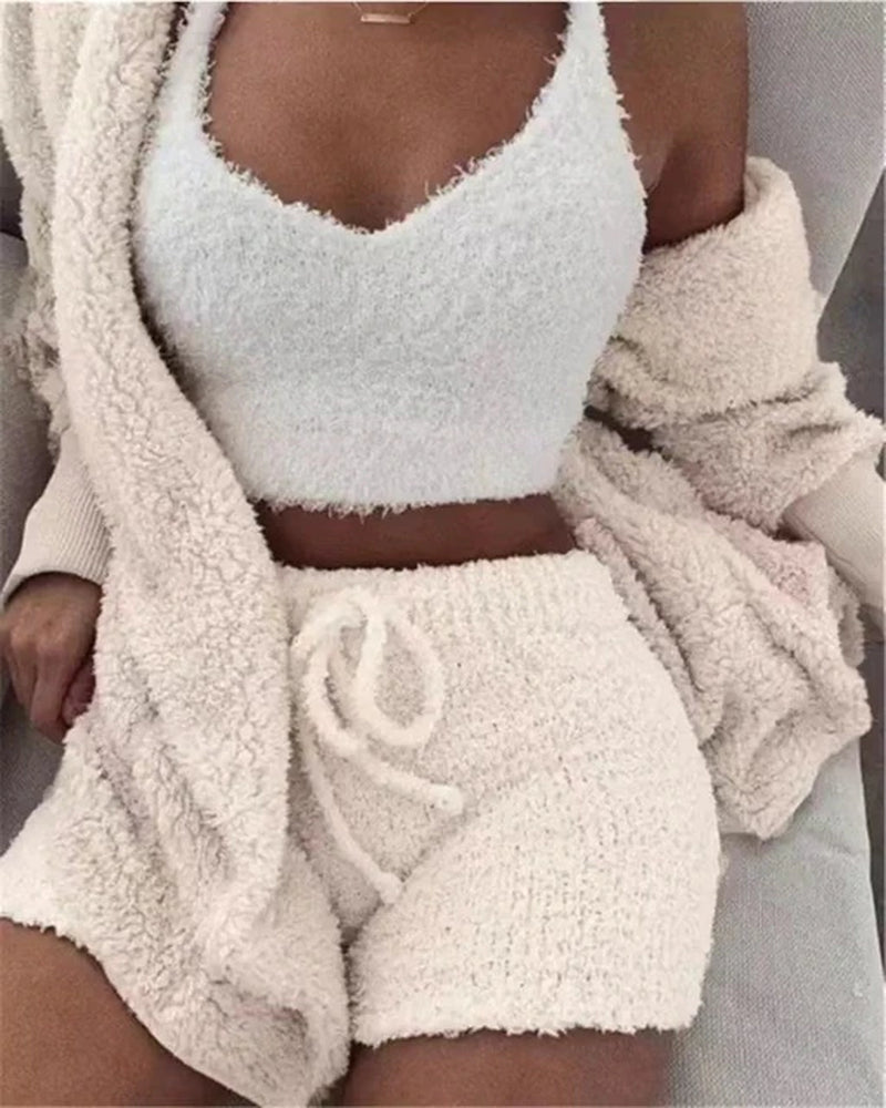 Autumn Winter 3 Piece Fluffy Outfits Plush Sexy Backless Fleece Pyjamas Women Casual Sports Sweatshirt Home Wear Sets Tracksuit