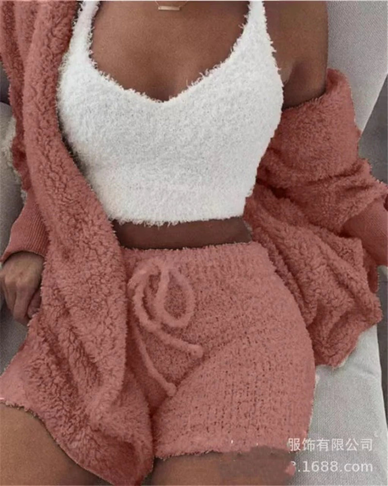 Autumn Winter 3 Piece Fluffy Outfits Plush Sexy Backless Fleece Pyjamas Women Casual Sports Sweatshirt Home Wear Sets Tracksuit