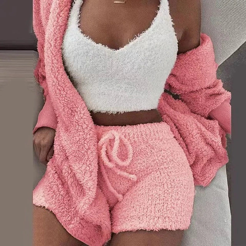 Autumn Winter 3 Piece Fluffy Outfits Plush Sexy Backless Fleece Pyjamas Women Casual Sports Sweatshirt Home Wear Sets Tracksuit